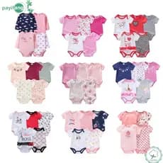 Pijama Bebê Kit 5 Peças Body Manga Curta Algodão Estampado Liso Menino Menina Recém-Nascido