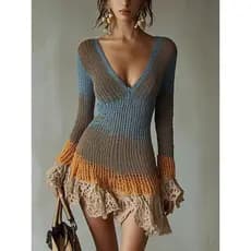 Roupas femininas europeias americanas de outono, manga comprida, malha, gola em V, saia curta, vestido suéter