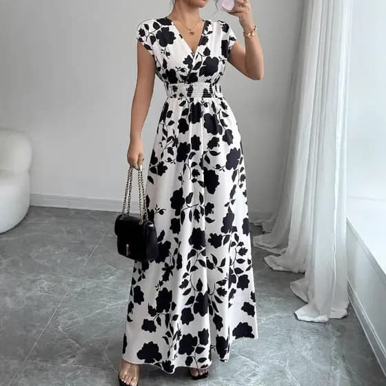 vestido feminino vestido longo feminino roupa feminina renda de manga curta com decote em v saia verão cintura estreita
