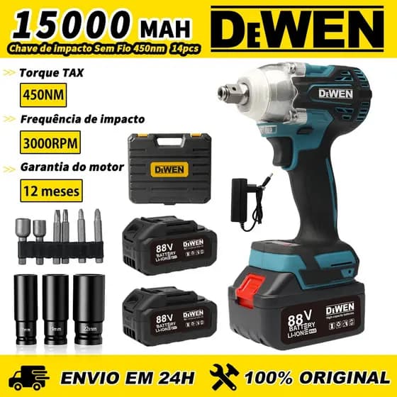 Chave de Impacto Eletrica 450NM Parafusadeira Furadeira Brushless 2Baterias kit ferramentas completo