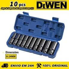 Jogo de Soquetes de Impacto Longo 1/2 10 Peças 8-24mm Aço Cromovandio Alta Resistência