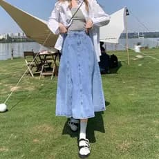 Saia feminina saia longa 2026 saia jeans de comprimento médio saia alta plissada