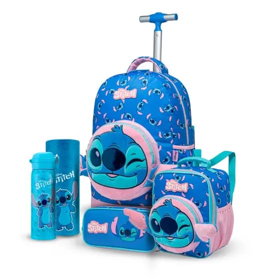 Kit Mochila Disney Lancheira Estojo Garrafa Escolar Stitch Rodinha