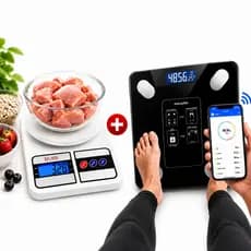 Kit Balança Digital Corporal Bioimpedância IMC Bluetooth 180KG + Balança Cozinha 10kg Alta Precisão