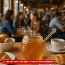 Meleira Cristal de Vidro e Tampa Mel Colmeia 220 ml Pegador Detalhe Formato de Abelha
