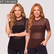 Kit 2 Blusa Academia Feminina Transparente de Tule Manga Curta Moda Casual Fitness