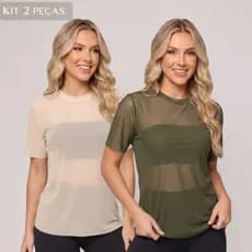 Kit 2 Blusa Feminina Transparente de Tule Manga Curta Camiseta Academia Treino Dk fit