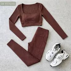 Conjunto Fitness Feminino Calça Com Bolso Cropped Manga Longa Malha Premium