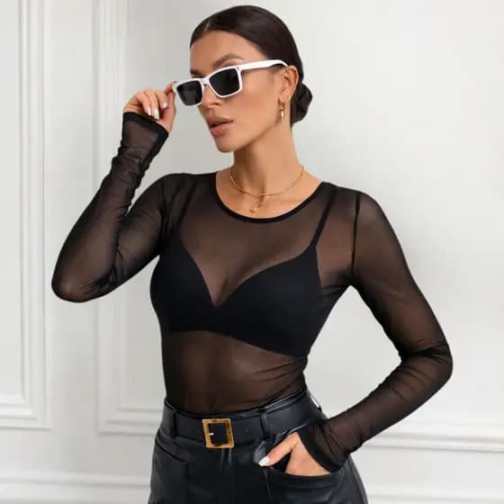 Blusa de Tule Feminina Manga Longa Moda Elegante Casual Transparente e Elegante