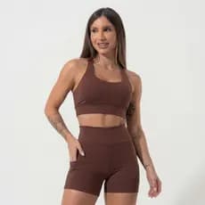 Conjunto Academia Short Bolso Top Duplo Regata Poliamida Corrida Roupa de Treino Feminina Cós Alto
