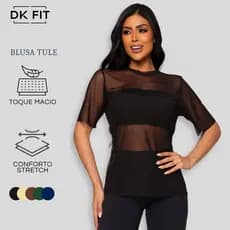 Blusa Feminina Transparente de Tule Manga Curta Camiseta Academia Treino
