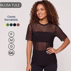 Blusa Feminina Transparente de Tule Manga Curta Camiseta Academia Treino
