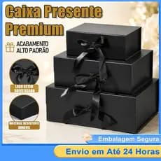 Caixa Presente Rigida Dobrável Preta Fecho Magnético Fita Cetim Caixa Papelão para Aniversário 3 Tamanhos