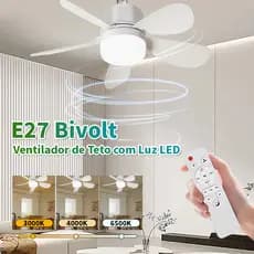 Ventilador de Teto Turbo Silencioso com Luz LED, 5 Lâminas, Controle Remoto, E27, 3 Velocidades, Bivolt 420MM