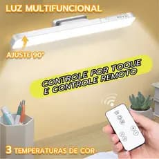 Luminária LED Magnética Recarregável Sem Fio | 3 Cores Dimerizável | Touch + Controle Remoto | Ajuste 90° | USB-C
