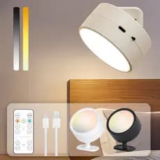 Luminária de Parede LED Sem Fio 360°Rotativa,Recarregável USB,Controle Remoto e Toque,3 Tons de Luz