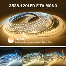Fita LED 3528 120 LEDs/m 5m IP20 12V Brilhante Bivolt – com ou sem fonte
