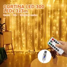 Cortina LED 300 Leds KIT 1-4 Unidades 3x3m USB 8 Modos Quente Fria Colorida Decoração Natal Festa