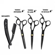Estojo com 6 Peças Tesouras e Navalha Profissionais Barbeiro Fio Laser BLACK Altomex AL-2917