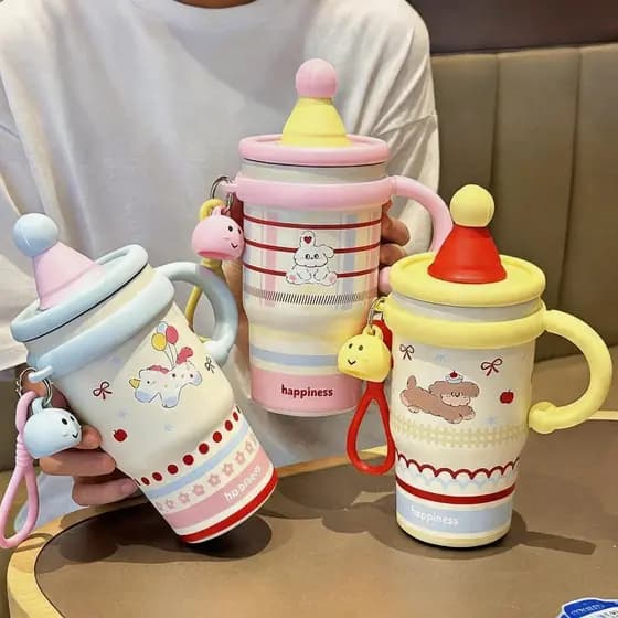 Copo Infantil Térmico 600ml em Aço Inox 316 com Alça, Tampa 2 em 1 e Pingente Fofo BOMM