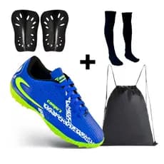Kit Futebol Completo com Chuteira Society + Caneleira+Meião Sortido+Mochila Bag Esportiva Lançamento