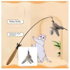 Varinha para Gatos com Penas e Sino Cabo de Madeira e Ponta Intercambiável Resistente para Brincadeiras