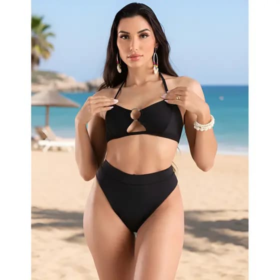 Biquíni Feminino Cintura Alta Hot Pant com Argola Sem Bojo Moda Praia Verão