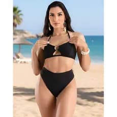 Biquíni Feminino Cintura Alta Hot Pant com Argola Sem Bojo Moda Praia Verão