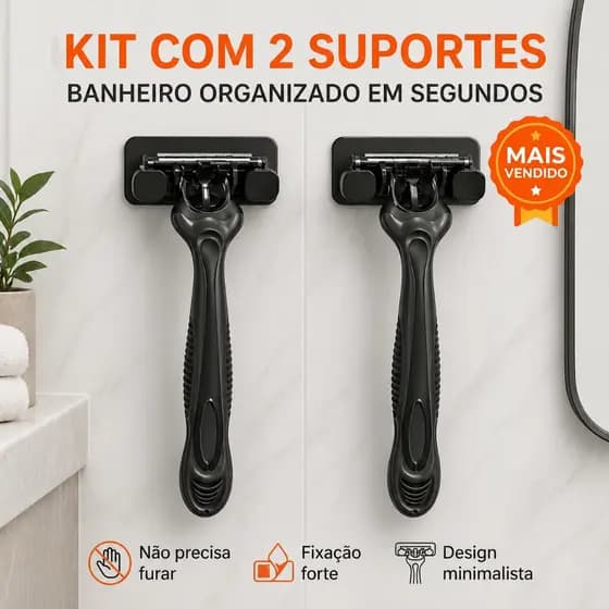Kit 2 Suporte Gillete 3M Sem Furo Fixação Alta Organizador Banheiro Prático Minimalista Premiums