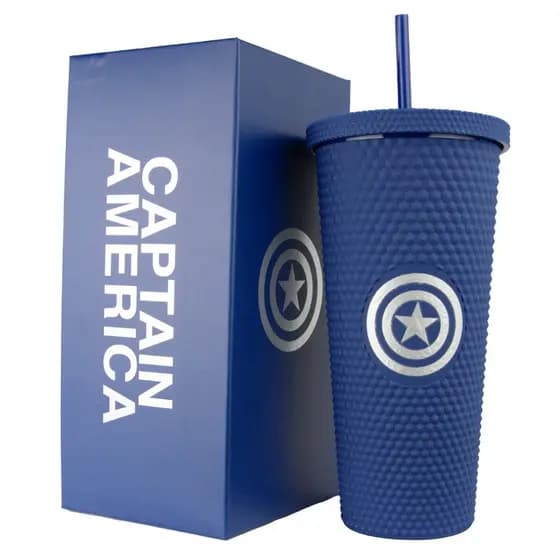Copo Marvel Capitão América Canudo 710ml Azul Infantil