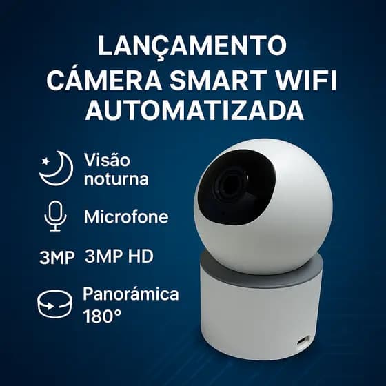 Câmera de Segurança Sem Fio 3MP Wi-Fi HD com Controle via Celular, Tuya e Smart Life, Áudio e Noturna