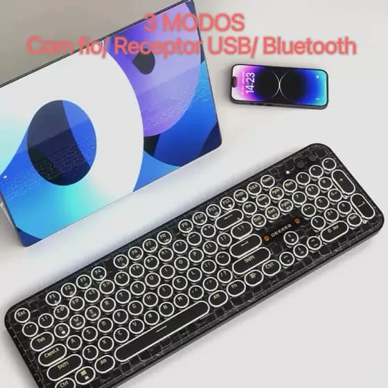 Teclado Sem Fio de COURO Preto ou Dourado Slim LED Branco com Teclas Retro TECLADO DE COURO