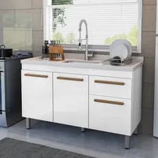 Armário Gabinete Balcão Para Pia De 120cm Sem Tampo Olivia 5 Pés Em Pvc 1 Gaveta 3 Portas