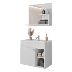 Gabinete Kit completo para Banheiro Gênova 55cm com Espelheira e Cuba em Mármore Sintético 100% MDF