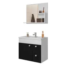Gabinete Kit Completo para Banheiro Pequim 55cm com Espelheira e Cuba Mármore Sintético 2 Gavetas MDF