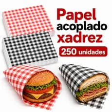 Papel Acoplado Xadrez 30x38cm Kit 250 Folhas Para Hambúrguer Hot Dog Fritas Delivery Anti Gordura Não Passa Óleo