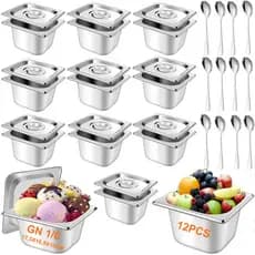 12 Cuba Gastronomica Inox 1/6x100 Gn Com Tampas E Colheres Inox Buffet Cozinha Restaura