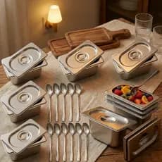 Kit de 12 Cubas Gastronômicas C/Tampa Buffet Inox 1/9x100mm Tampas E Colheres Inox