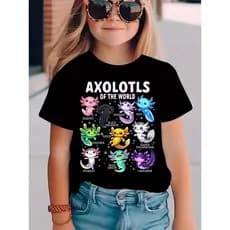 T-shirt casual de verão para meninas - "Axolotls do Mundo" Impressão de desenho animado T-shirt