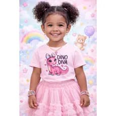 Camiseta Blusa Infantil Feminina Dinossauro Rosa Laço Algodão Dino Diva Juvenil Fofa Varias Cores