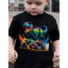 Camiseta de Manga Curta para Meninos com Estampa de Caminhão Dinossauro Moda Verão Casual