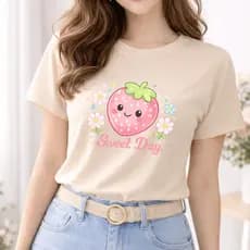 Blusa Feminina Infantil/Juvenil Estampada Morango Rosa Pequena Frase embaixo Camiseta 100% Algodão