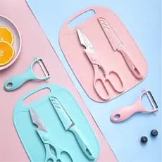 Kit Utensílios de Cozinha 4 Peças em Aço Inox – Faca, Descascador, Tesoura e Tábua