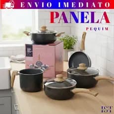 Jogo de Panelas Pequim 5 Peças Cerâmica Antiaderente Alumínio Soft Touch Cabo de Madeira Tampa Vidro