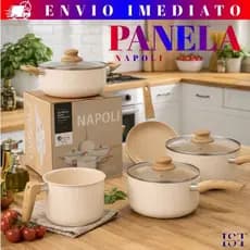 Jogo de Panelas Napoli 5 Peças Antiaderente Cerâmico Tampa Vidro Soft Touch Cabo de Madeira