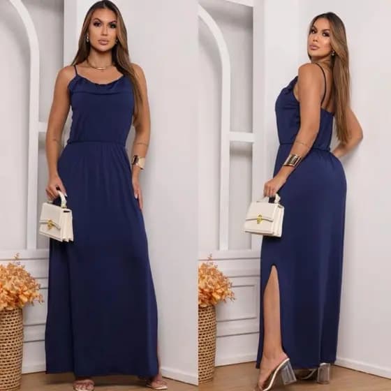 Vestido Longo Liso De Alça Com Babado e fendas nas laterais
