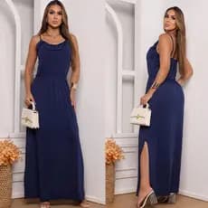 Vestido Longo Liso De Alça Com Babado e fendas nas laterais
