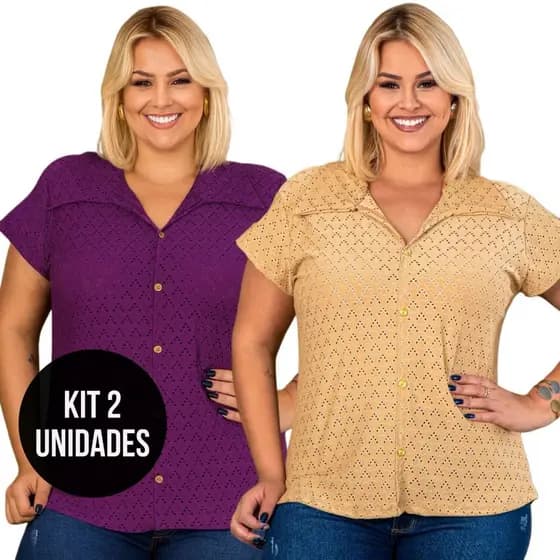 Kit 2 Blusas Femininas No Lese Com Botão, Lapela na Manga e Gola Polo