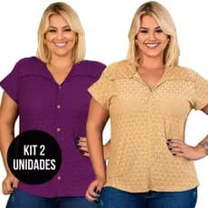 Kit 2 Blusas Femininas No Lese Com Botão, Lapela na Manga e Gola Polo