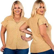 Blusa Feminina Estilosa Manga Curta No Lese Leve, Com Gola Polo, Botões decorativos e lapela